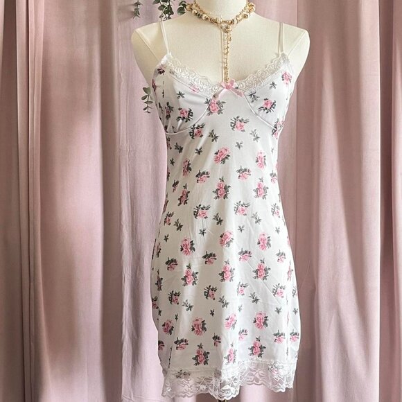 Vintage Coquette White and Pink Floral Slip Mini Dress - Picture 7 of 7